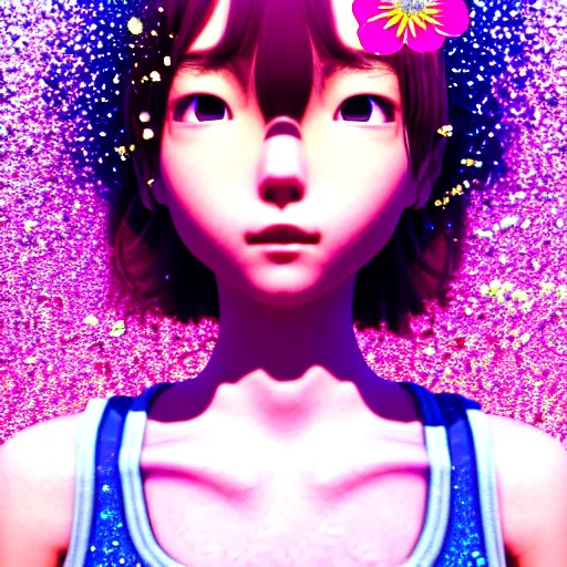 Image similar to weird cute closeup portrait of a beautiful carefree stoner girl in tanktop covered flower glitter, by katsuhiro otomo, yoshitaka amano, nico tanigawa, rendered with intense 3 d effect reflective shadowing, cinematic lighting, hyperrealistic illustration uhd 8 k