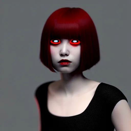 Prompt: a girl with black hair, skin that is pure white, and red eyes, wearing a black dress, full body picture, octane render, professional art, trending on art station