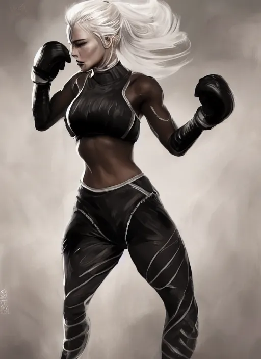 Prompt: a highly detailed illustration of fierce ponytail platinum blonde woman wearing black mma bra and gloves, dramatic muay thai fight stance pose, muscular, intricate, elegant, highly detailed, centered, digital painting, artstation, concept art, smooth, sharp focus, league of legends concept art, WLOP