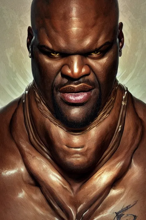 Image similar to portrait of shaquille o'neal as a hulking herculean demon, forest, godlike, full body, fantasy, intricate, elegant, highly detailed, digital painting, artstation, concept art, sharp focus, illustration, art by artgerm and greg rutkowski and alphonse mucha