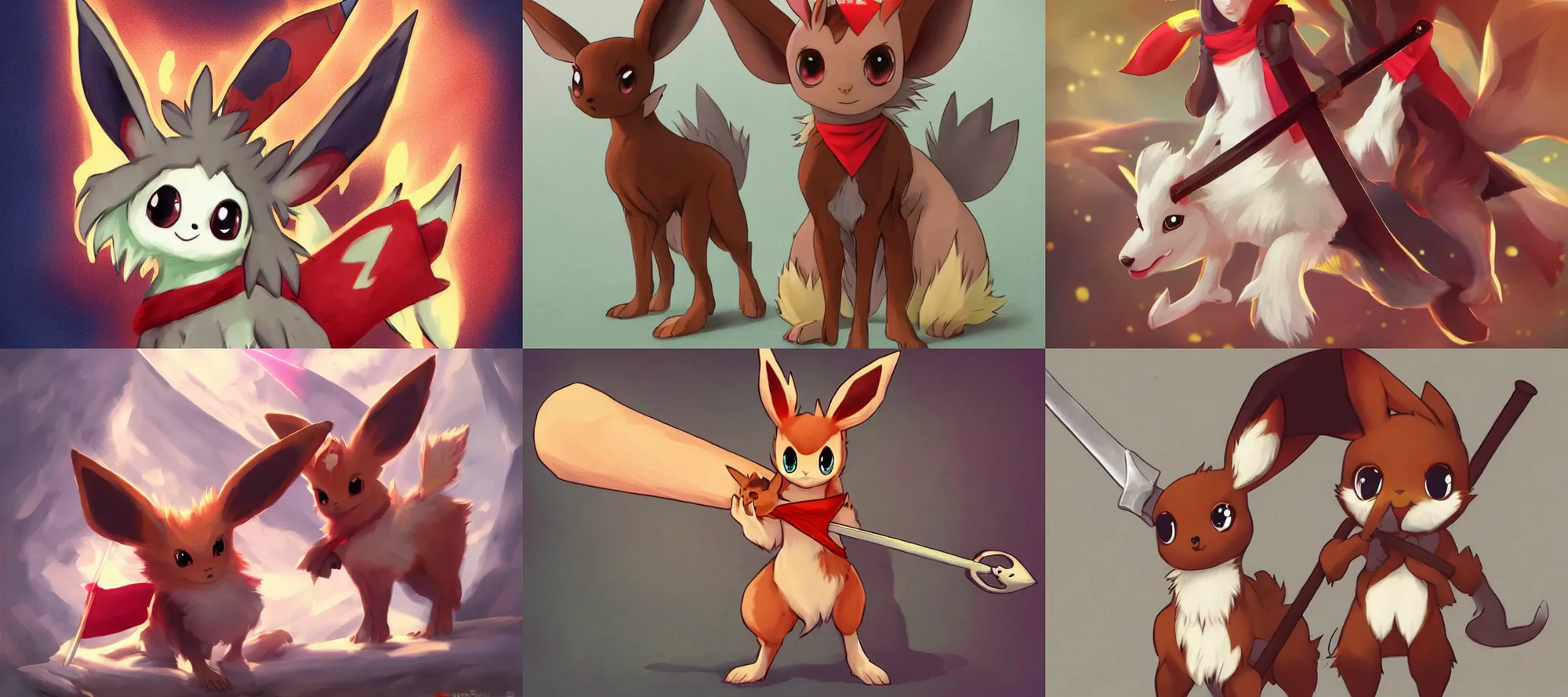 Prompt: eevee wearing a red bandanna standing on two legs holding a big sword, artstation artgerm endling