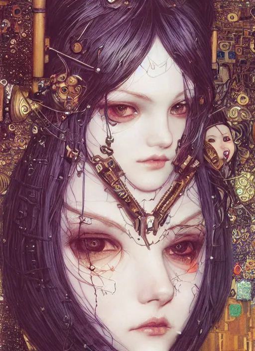Image similar to portrait of cute beautiful young gothic maiden, cyberpunk, Warhammer, highly detailed, artstation, illustration, art by Gustav Klimt and Range Murata and Katsuya Terada