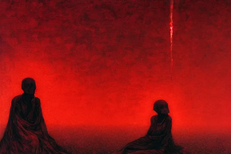 Image similar to only with red, a red shinigami eat apple, mars in background, an ancient path, in the style of beksinski, part by hopper, part by rodcenko, part by hofbauer, intricate composition, red by caravaggio, insanely quality, highly detailed, masterpiece, red light, artstation