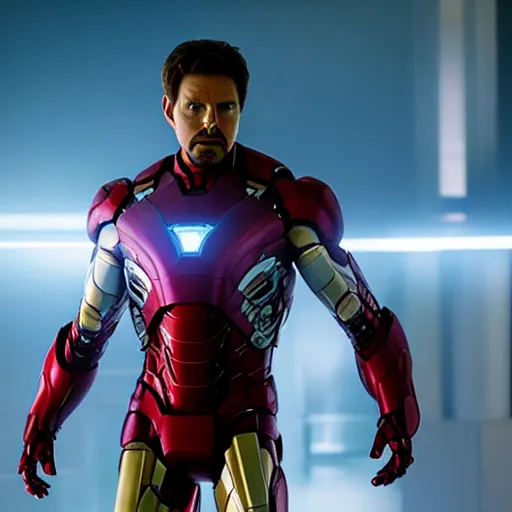 Image similar to tom cruise as iron man, cinematic lighting, 8k, marvel movie,