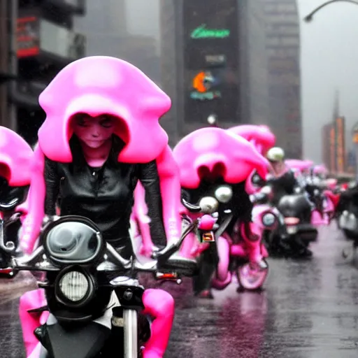 Image similar to hyper realistic, photo, humanoid pink female Squid creatures riding a motorcycle fast in the rainy city traffic