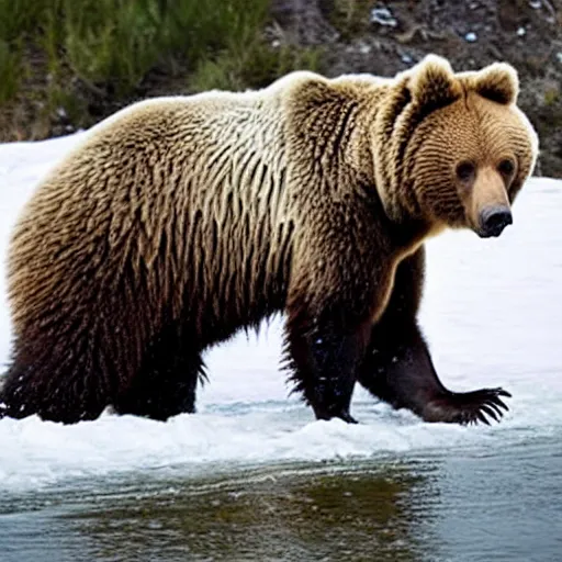 Image similar to a ferocious grizzly bear. The bear is wearing shorts on his legs!