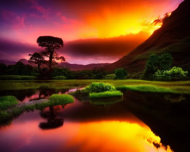 Image similar to a beautiful landscape photography of the garden of eden. lake reflections in the foreground, sunset, dramatic lighting by Marc Adamus