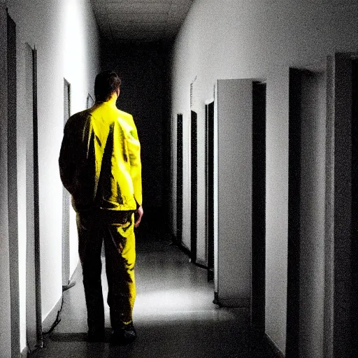 Image similar to a male scientist wearing a lab coat lost suit inside the very dark empty unsettling creepy backrooms, liminal space, flickering fluorescent lights, eerie mood