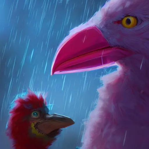 Image similar to a portrait of big bird rainy background, pink bright art masterpiece artstation. 8 k, sharp high quality artwork in style of jose daniel cabrera pena and greg rutkowski, concept art by tooth wu, hearthstone card game artwork.