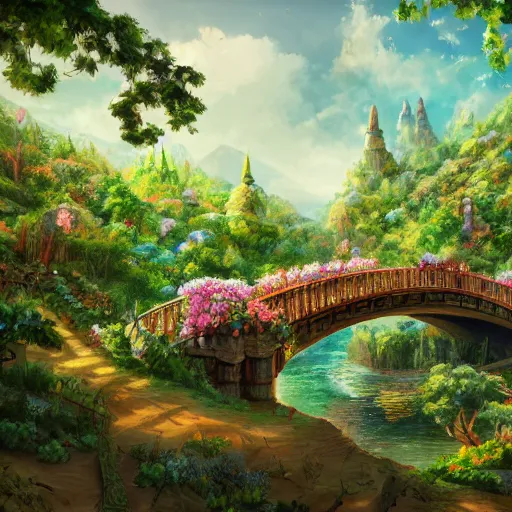 Image similar to a beautiful nature civilization, fancy, flowers, bridges, nature city, people, tree houses, trending on artstation, behance, deviantart