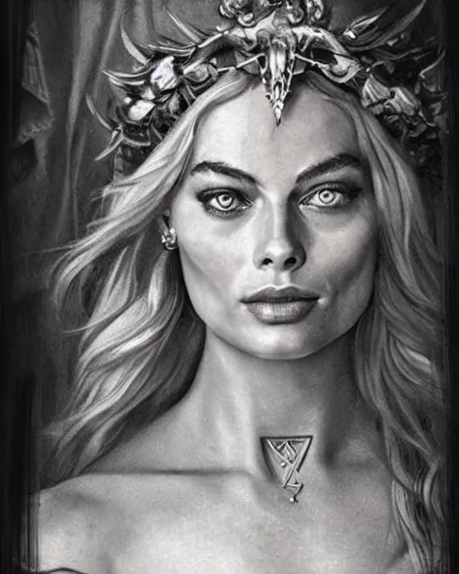 Image similar to realism tattoo sketch of margot robbie as a beautiful greek goddess aphrodite with piercing eyes wearing a laurel wreath and triangle earrings, in the style of greg rutkowski, amazing detail