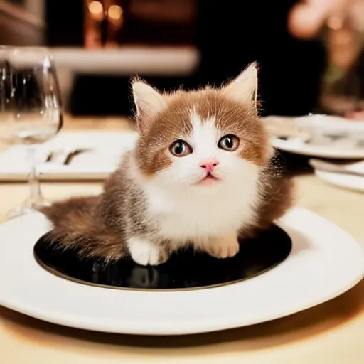 Image similar to very very very very very very very cute chibi adorable beautiful munchkin cat on a plate in a fancy restaurant, professional foot photography