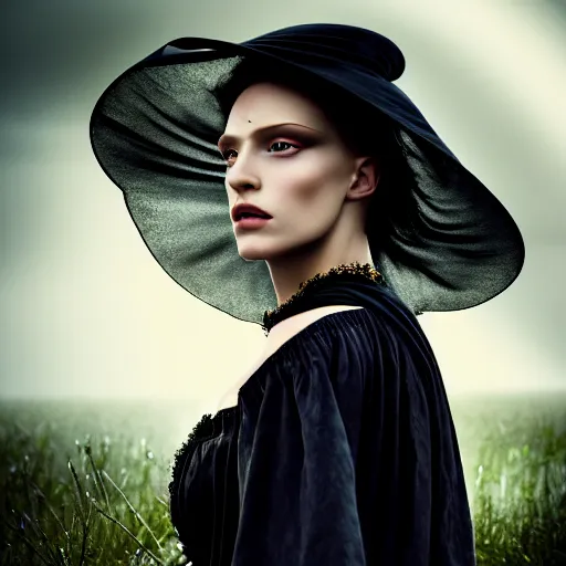 Image similar to photographic portrait of a stunningly beautiful female renaissance witch, dark moody clouds, god rays, contemporary fashion shoot, by edward robert hughes, annie leibovitz and steve mccurry, david lazar, jimmy nelsson, breathtaking, 8 k resolution, extremely detailed, establishing shot, artistic, hyperrealistic, perfect face, octane render