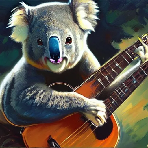 Image similar to portrait koala playing a guitar, fine details. realistic shaded lighting by ilya kuvshinov giuseppe dangelico pino and michael garmash and rob rey, iamag premiere, aaaa achievement collection, eyes open in wonder