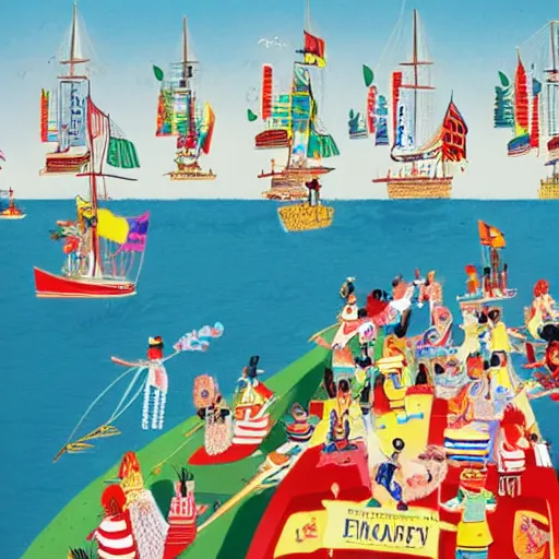 Image similar to rich people and poor people have a boat party, high resolution artistic photograph, bokeh, 4 k, majestic, by vogue magazine, by richard scarry and quentin blake