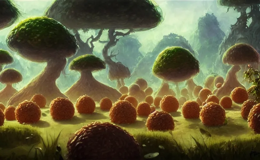 Image similar to a group of rice ball creatures with unthreatening facial expressions ; magic : the gathering fantasy concept art of balls of rice with blank facial expressions, by frank frazetta and marco bucci, high resolution. magical fantasy forest in the background, fantasy coloring, intricate, digital painting, artstation, smooth, sharp focus