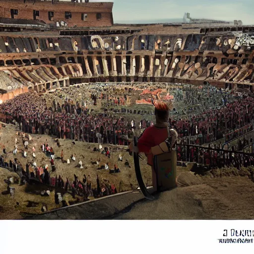 Image similar to the gladiator in the arena welcomes the emperor of rome, a view from the back of the gladiator to the colosseum, a detailed view of the stands, hyperdetailed, octane render, 8 k