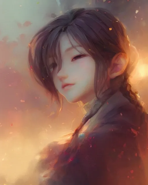 Image similar to beautiful aerith gainsborough, face centered portrait, cottagecore, confident, fog, rain, volumetric lighting, soft light particles floating near her, illustration, perfectly shaded, oft painting, art by krenz cushart and wenjun lin