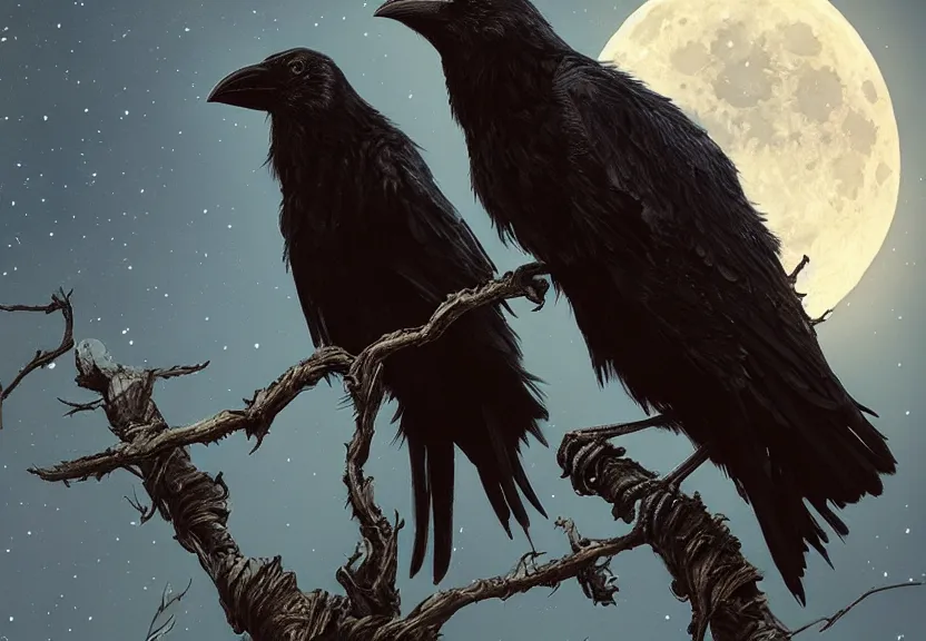 Image similar to crow on tree in front of the full big moon, highly detailed, digital painting, artstation, concept art, smooth, sharp focus, illustration, Unreal Engine 5, 8K, art by artgerm and greg rutkowski and alphonse mucha