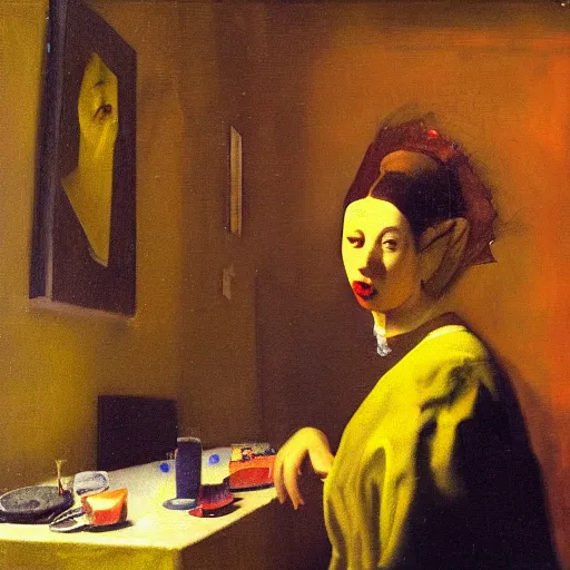 Prompt: London nightclub flash photo portrait, painting in the style of Johannes Vermeer