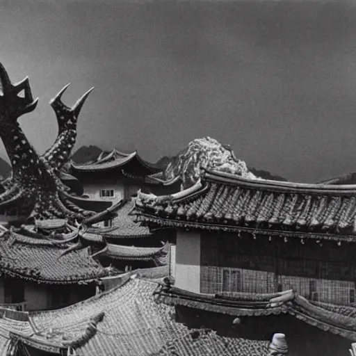 Prompt: a couple escaping from a giant Kaiju Starfish Monster over a traditional Korean village, minimal cinematography by Akira Kurosawa, movie filmstill, film noir, thriller by Fritz Lang and Shin Sang-ok