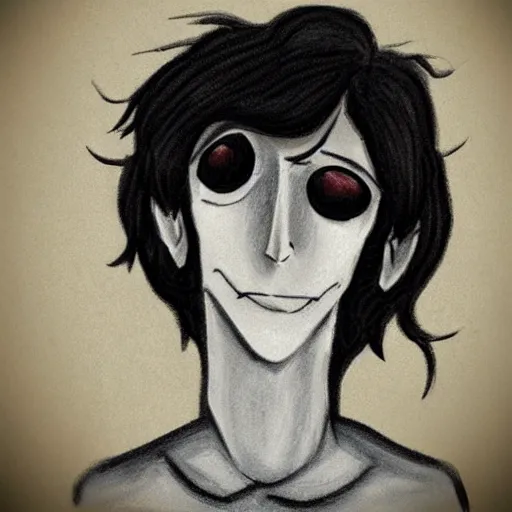 Image similar to young man portrait, black hair, skinny, sleep deprived, corpse bride art style