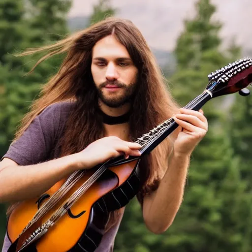 Prompt: a photo of a young man with long hair playing mandolin in the wilderness