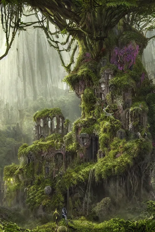 Image similar to fairy palace-castle, towers, gnarly trees, lush vegetation, forrest, landscape, raphael lacoste, eddie mendoza, alex ross, concept art, matte painting, highly detailed, rule of thirds, dynamic lighting, cinematic, detailed, denoised, centerd