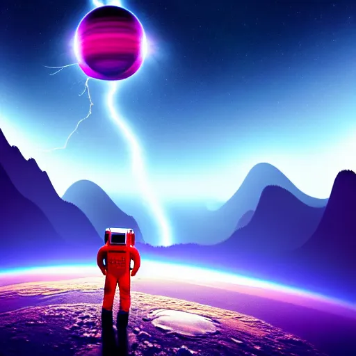 Image similar to astronaut finding a flower on an alien planet with mountains, water, strange clouds, hyper realistic, dramatic lightning, ray tracing, high resolution photo, 8 k