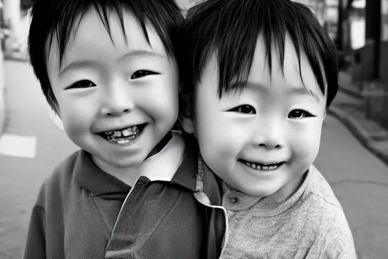 Prompt: still photo of a japanese child smiling at the camera on the street, black and white color aesthetic, highly detailed, photorealistic portrait, bright studio setting, studio lighting, crisp quality and light reflections, unreal engine 5 quality render