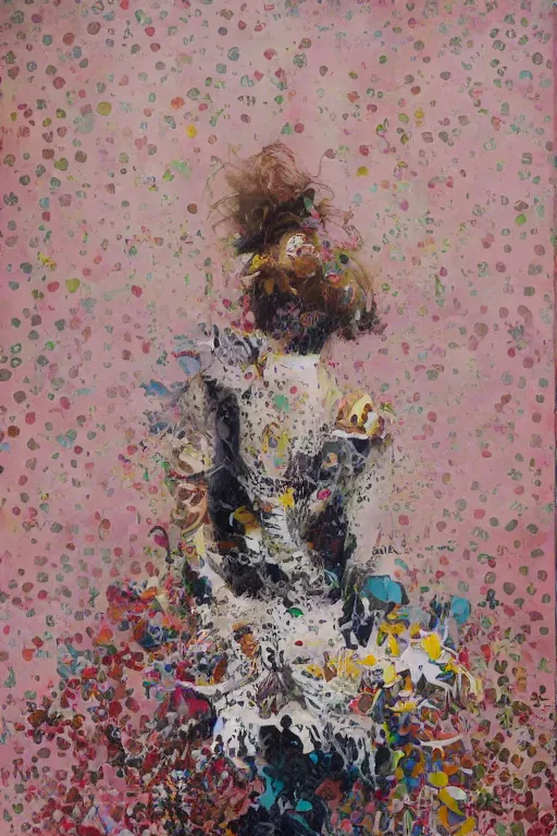 Image similar to hyperrealism with oil painting, 2 0 y. o girl in in the style dustin yellin, of yoshitaka amano, style wrapped in flowers and wired in the style of yayoi kusama, by barry lyndon ultra detailed high resolution, 8 0 s print sci fi art