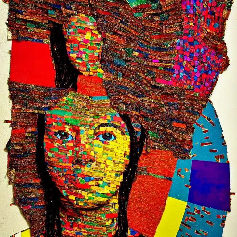 Prompt: beautiful anima girl lost in colors artwork by el anatsui