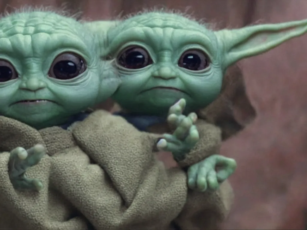 Prompt: cute baby yoda holding even cuter embryo yoda, movie still from guardians of the galaxy