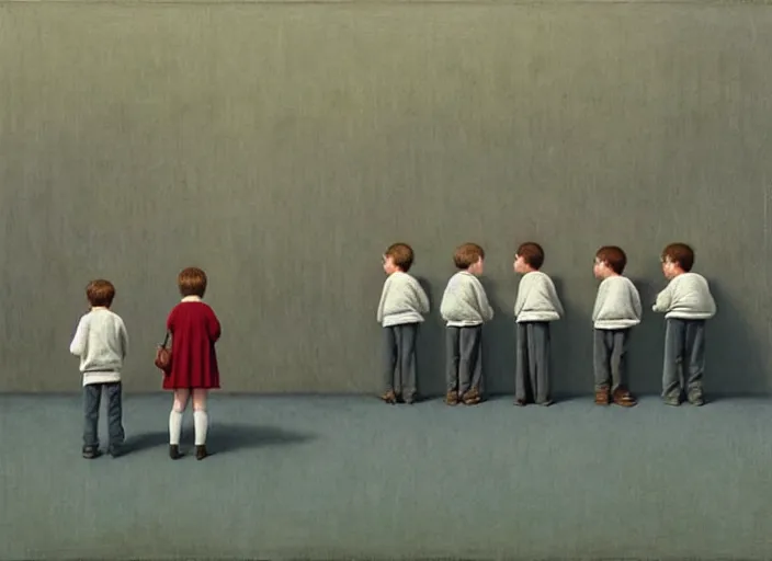 Prompt: a very boring day in school, kids faced away, all wearing identical clothes, painting by quint buchholz and ray caesar, muted colors, gray, dull, boring, low energy, pale blue faces, very detailed, very coherent