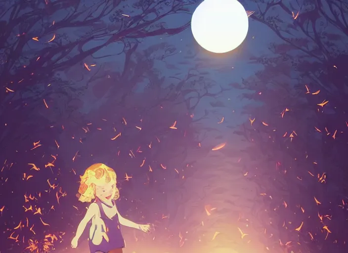 Image similar to little girl with short wavy curly light brown hair chasing fireflies in the woods. clean cel shaded vector art. shutterstock. behance hd by lois van baarle, artgerm, helen huang, by makoto shinkai and ilya kuvshinov, rossdraws, illustration, art by ilya kuvshinov