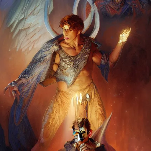 Image similar to attractive male deity casts light spell, summons attractive male lucifer morningstar. highly detailed painting by gaston bussiere, craig mullins, j. c. leyendecker 8 k