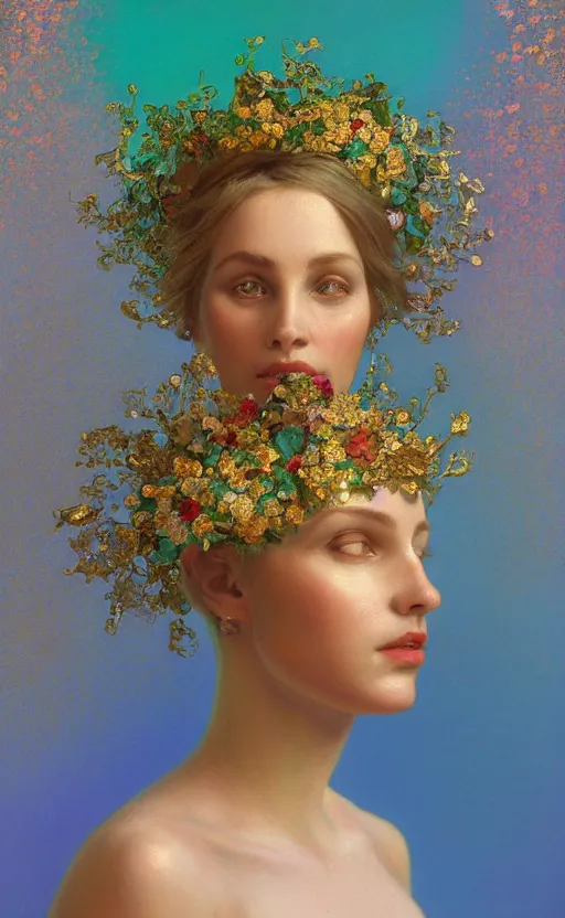 Prompt: a gold oil painting hyperrealism of a beautiful woman on a white background, flowers, painted by mucha, floral headdress, 8 k resolution, octane render, trending on artstation, volumetric light 2 blue fractal thunder glow by dan mumford, anaglyph effect, laurie lipton