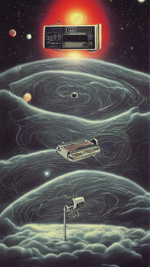 Image similar to 1 9 8 0 s airbrush surrealism illustration of a radio over a cosmic landscape by ryo ohshita