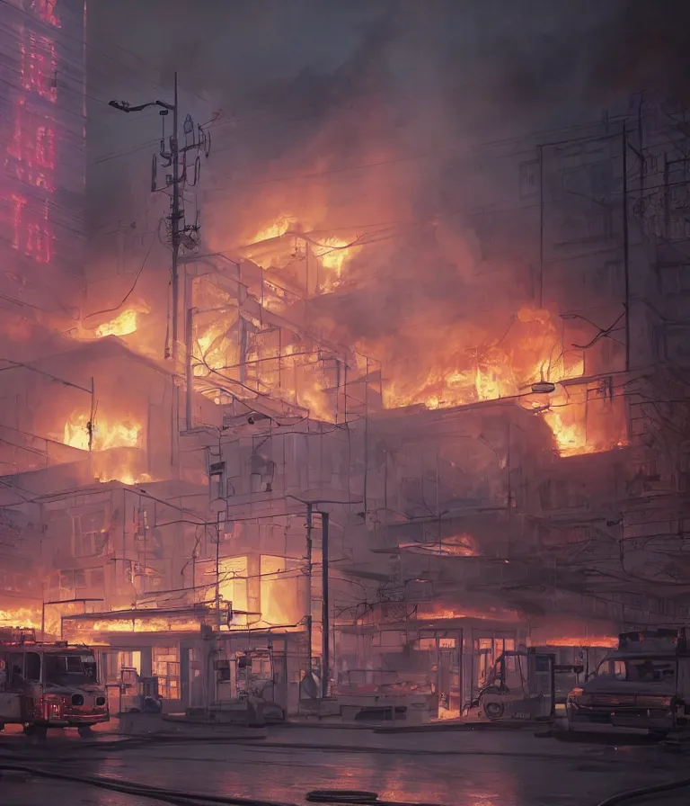 Image similar to a beautiful hyperrealistic detailed 3D render of a burning hospital with a neon sign, by Anton Otto Fischer, Atey Ghailan, genzoman, unreal engine, octane render, gigantic, 3D, brilliantly coloured, intricate, ultra wide angle, trending on artstation, embers, smoke, dust, dusk, volumetric lighting, HDR, polished, micro details, ray tracing, 8k
