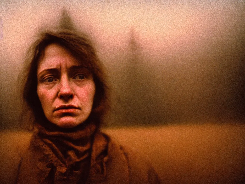 Prompt: close up portrait bust of woman, solemn expression, faded color film, russian cinema, tarkovsky, kodachrome, heavy forest, wood cabin in distance, shallow depth of field, long brown hair, old clothing, heavy fog, atmospheric haze, brown color palette, sunset, low light, hudson river school, 4 k, dramatic lighting