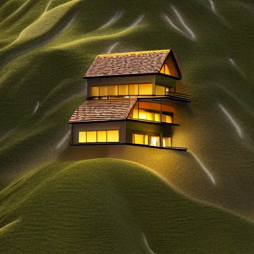 Image similar to small hillside house made of honey, modern lighting, hyper - realistic, hyper - detailed, 8 k, octane rendered, art nouveau, organic, flowing, impossible torsion, writhing, lush, dynamic