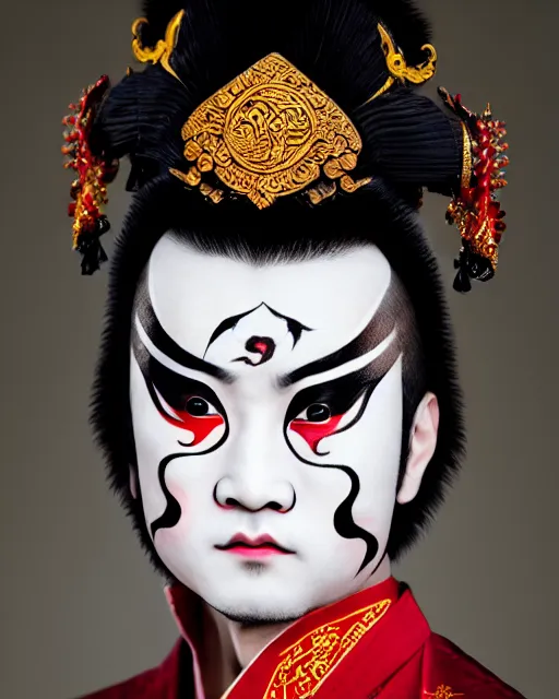 Image similar to photo of a Dramatic Peking Opera male character wearing elaborate makeup with Hindi script words painted on face in the style of stefan kostic, realistic, sharp focus, symmetric, 8k high definition, insanely detailed, intricate, elegant, art by stanley lau and artgerm, William-Adolphe Bouguereau