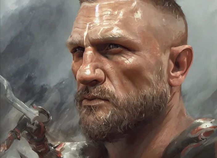 Image similar to a highly detailed beautiful portrait of daniel craig kratos hybrid god of war, by gregory manchess, james gurney, james jean, octane, fantasy