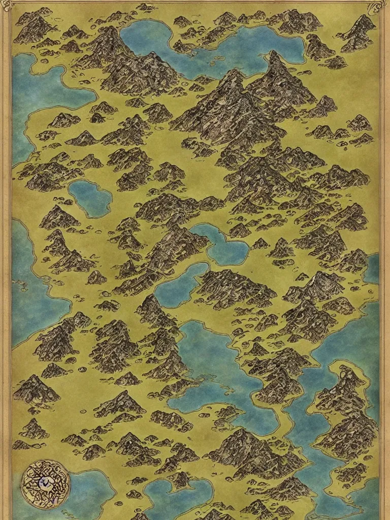 Image similar to an isometric fantasy map, the land of Odrua, uncluttered, bordered by ocean, continent with mountains lakes hills and cities, by brian froud by jrr tolkien in the dungeons and dragons and disney styles