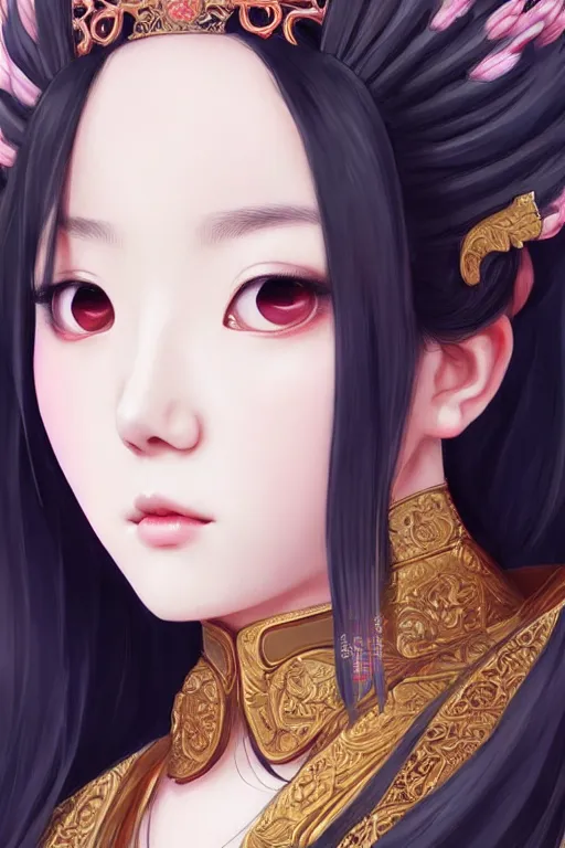 Image similar to a lovely and shiny young empress of qing dynasty, face by artgerm, ross tran, fuji choko, loish, 8 k resolution, attractive, symmetrical portrait, beautifully detailed landscape of ruin, trending on pixiv and pinterest, charming black eyes, luxury, perfect face, smooth, dreamlike