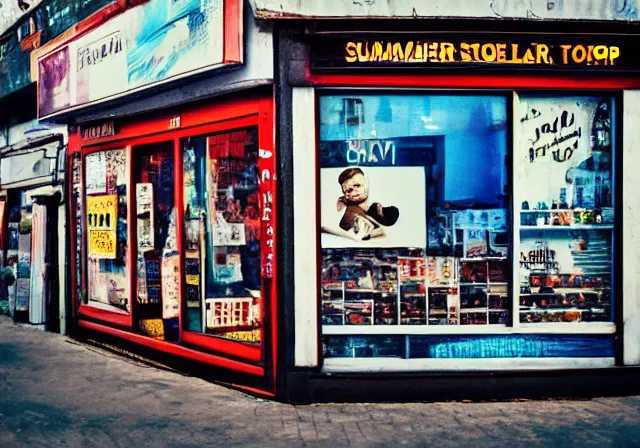 Image similar to home photography portrait, the shop next to SHOME, street, signboards , poster ; summer, Color VHS picture quality with mixed noise