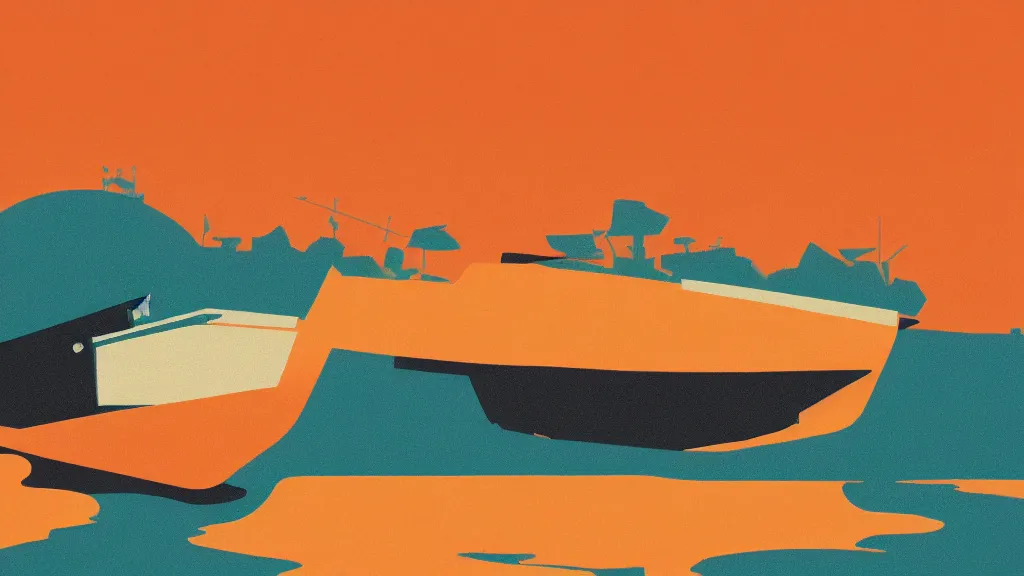 Image similar to a pale orange boat floating on top of a body of water, a vintage poster screenprint by Tom Whalen, behance contest winner, australian tonalism, pale gradients design, matte drawing, outrun, low poly