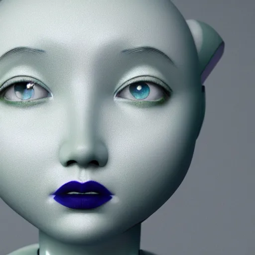 Image similar to 3 d render portrait of a female porcelain robot, symmetrical, mid thirties, cute round green slanted eyes, porcelain skin, wide nostrils, chubby cheeks, high flat eyebrows, ethereal essence, angelic, tiny mouth, leica 1 0 0 mm f 0. 8