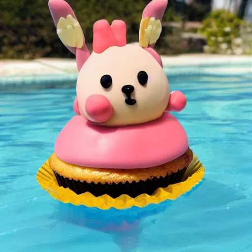 Image similar to a kawai cupcake character wearing a speedo about to dive in a swimming pool