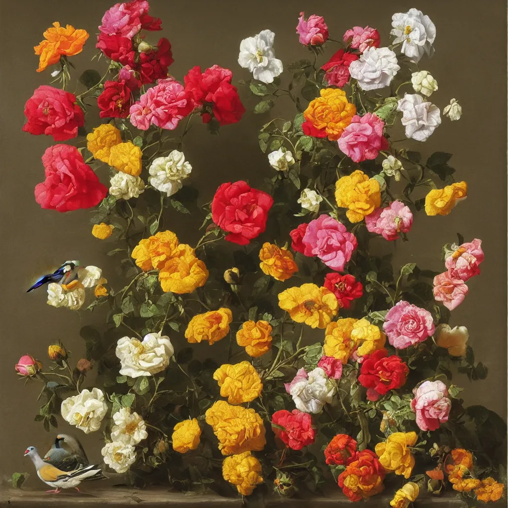 Image similar to a nosegay of roses, marigolds, larkspur and a pigeon by rachel ruysch, 1 6 9 5